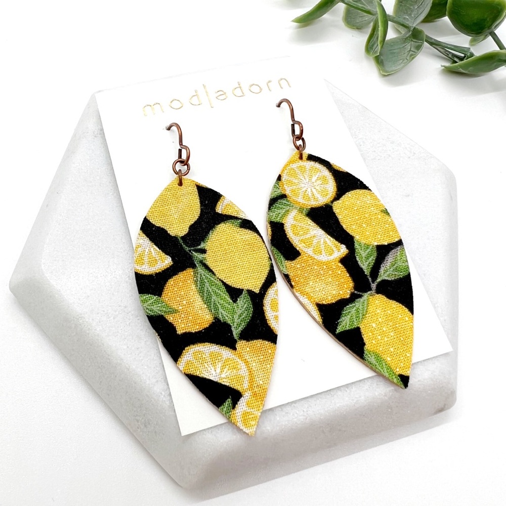 Handmade Lemon Print Dangly Leaf Earrings with Cork Backing